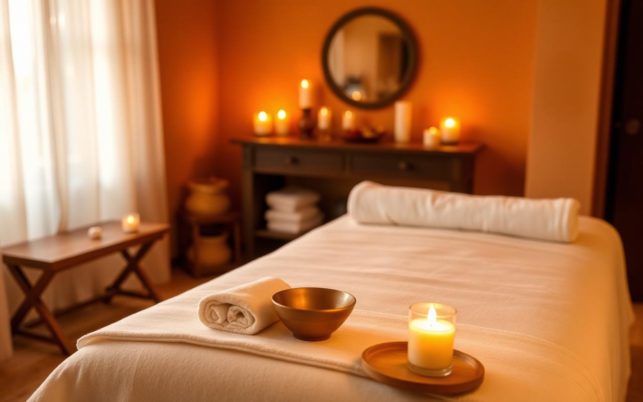 A candlelit room set up with massage table, fresh linens, and warm oil